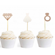 Hens Night Cupcake Toppers - Diamond Ring, Bride's Dress and Diamond Carat Rose Gold 10pack